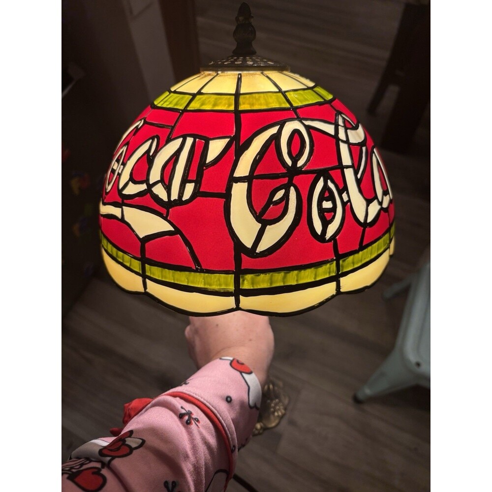 Coca-Cola Tiffany Style Stained Table Lamp – Plastic Shade, Metal Base – Vintage